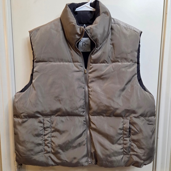 Faded Rose Womens Cropped Puffer Vest Sleeveless Zip Front Taupe Neutral Large - Picture 1 of 6